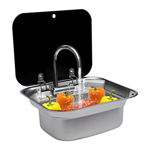 JooWing RV Kitchen Sink Unit Caravan Camper Hand Wash Basin w/Folded Faucet Stainless Steel Tempered Glass Lid Washbasin for Camper Trailer Caravan