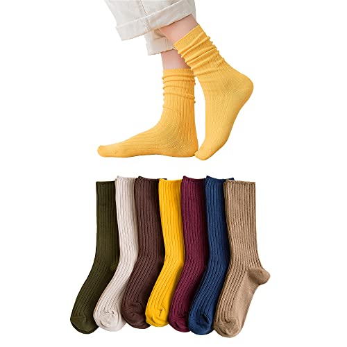 Norther30° Women's Cotton Crew Socks, 7 Pairs, Size 5-8 (US), Solid Color, Stretchy, Above Ankle