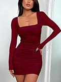 BORIFLORS Women's Sexy Ruched Bodycon Mini Dress Mesh Long Sleeve Club Party Short Dresses, X-Large, Wine Red