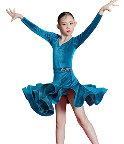 Girls Latin Dance Dress Modern Ballroom Contest Dress Girl Costume Salsa Tango Dance Wear Performance Dresses for Dancing,Blue,170