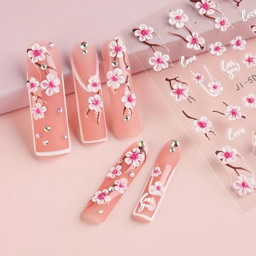 2PCS/Set Cherry Blossom Nail Art Stickers - 5D Embossed Floral Decals, Self-Adhesive Plastic Nail Designs, Spring and Summer Flowers Nail Stickers, Plant Theme Nails Decoration for DIY and Salon Use
