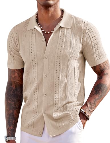 COOFANDY Men's Knit Shirts Short Sleeve Button Up Polo Shirt Fashion Casual Summer Beach Shirts, Apricot, Small