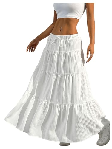 RoseSeek Women's Flowy Flared Ruffle Hem A Line Maxi Skirts Elastic Waist Elegant Tiered Layer Boho Long Skirts White Small