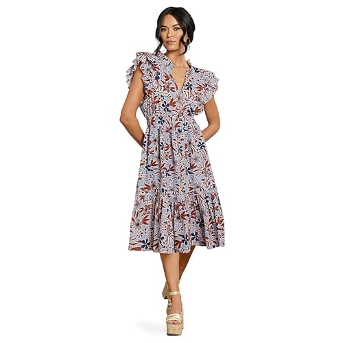 Sam Edelman Sportswear Women's Kenna Pleat Detail midi Dress, Flora Stamp-Soft Chambray