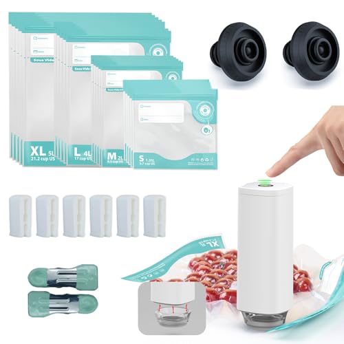 31 PCS Electric Vacuum Sealer, Sous Vide Bags, Portable Mini Vacuum Sealer with 20Pcs Reusable Food Saver Sealer Bags, 4 Sealing Clip, 2 Clips for Sous Vide Cooking, 2 vacuum wine stoppers