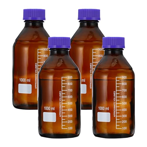 PATIKIL 4 Pack Reagent Media Storage Bottles, 1000ml Borosilicate Glass Graduated Round Bottles with GL45 Blue Screw Cap for Lab Water Reagent Liquids, Brown