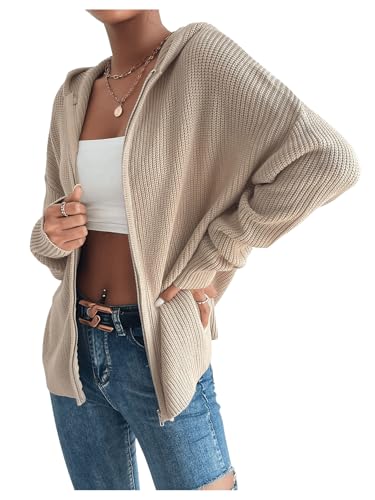 SHENHE Women's Hooded Zip Up Cardigan Drop Shoulder Casual Knitwear Sweater Jacket Khaki L