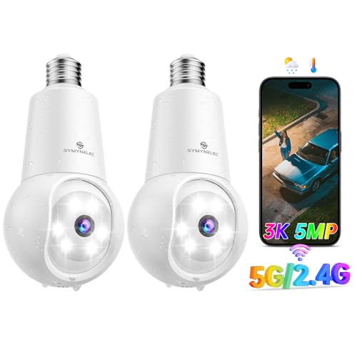 SYMYNELEC Light Bulb Security Camera: 5G WiFi Socket Camera Outdoor - Wireless Lightbulb Camera Waterproof for Home with 3K Night Vision Motion Detection 2Packs