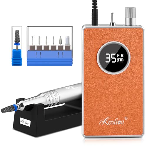 Kredioo Nail Drill Professional Super Quiet with Coreless Motor 35000RPM Electric File 6+1 Tungsten Bits Kit Portable Strong Drill para uñas Profesional Remove Acrylic Nails Dip Powder-Orange