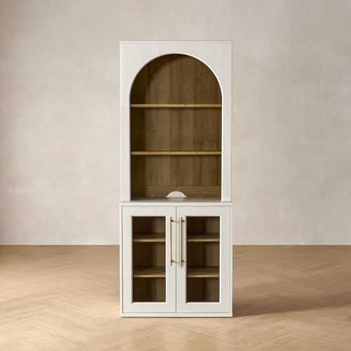 mopio Blake Storage Cabinet with Hutch, Sideboard Buffet Cabinet with Storage, Kitchen Pantry Organizer, Coffee Bar Station, Trophy Display Case with Door & Shelf for Living Room (White Oak Acrylic)