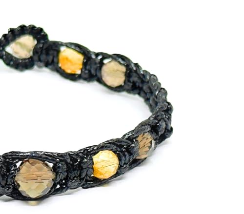 Handmade Stylish Bracelet With Smoky Quartz And Sunny Citrine - Eco Leather Black Cord - Unisex Real Gemstone Jewelry - 6 mm and 8 mm Faceted High Quality Beads (7 inches)