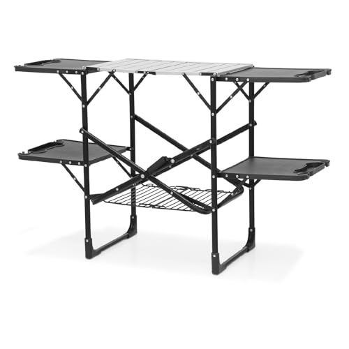 Athena Collection Folding Kitchen Table Camping Cook Station with Heat Resistant Tabletop, Portable Outdoor Camping Cooking Table with 4 Side Tables & Shelves, Quick Install for Picnic BBQ Camping