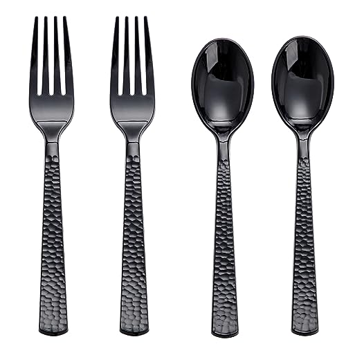 KIRE 400PCS Black Plastic Spoons and Forks Disposable - Black Plastic Silverware Set Disposable Cutlery - 200 Forks, 200 Spoons for Party/Wedding/Graduation