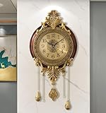 Poserion Large Retro Wall Clock with Swinging Pendulum Royal Line Silent High-end Luxury Metal Wood Mid Century Vintage Style Clock