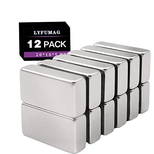 LYFUMAG 12 Pack Neodymium Magnets Strong, 20x10x5mm Heavy Duty Rectangular Industrial Bar Magnet, Small Rare Earth Magnets for Fridge, Kitchen, Office & Tool Storage