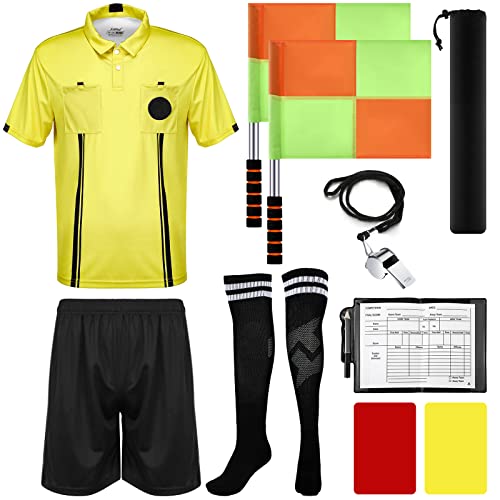 Hicarer 6 Pcs Soccer Referee Kit Football Package for Men Soccer Referee Costume Shirt Linesman Flags Whistle Cards Sport Accessory for Adult Teenager(Large)