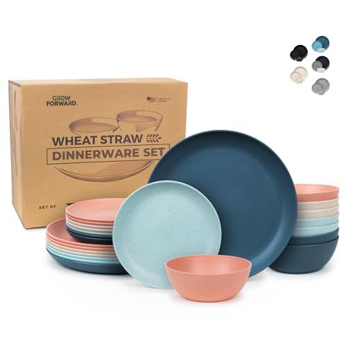 Grow Forward 24-piece Premium Wheat Straw Dinnerware Sets for 8 - Unbreakable Dishwasher & Microwave Safe Plastic Plates and Bowls Sets - Patio, Outdoors, RV, Camping Dishes - Tropical