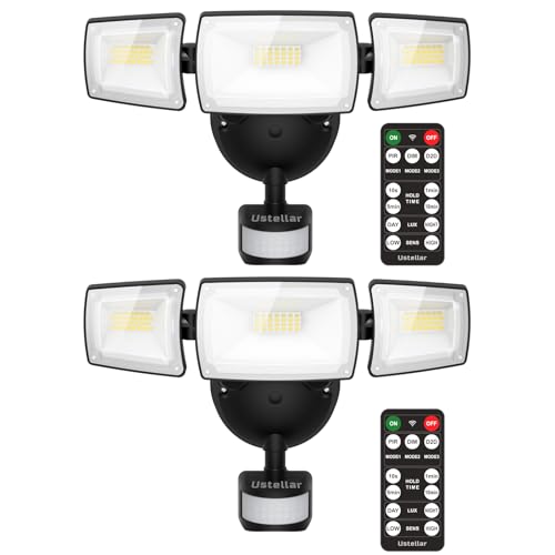 USTELLAR 55W LED Security Lights Motion Sensor Light with Remote Control, Outdoor LED Flood Lights Dusk to Dawn 5500LM 5000K, IP65 Waterproof, Exterior Floodlight for Garage, Yard, Eave - 2 Pack BLACK