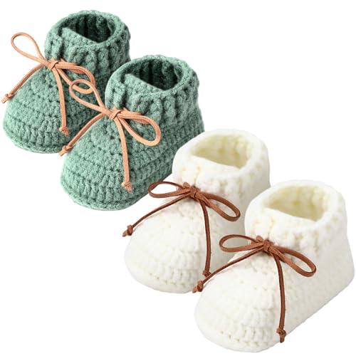 Jeere 2 Pairs Knitted Baby Booties 0-6 Months Crochet Newborn Shoes First Walkers Cozy Shoes Sock for Infant Toddler Boy Girl Baby Shower Gifts