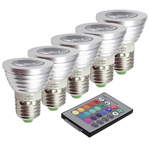 OMTO E26/E27 3W RGB Color Changing Spotlight with IR Remote Control Mood Ambiance Lighting Colorful LED Light Bulbs,Dimmable 85-265V (Pack of 5)