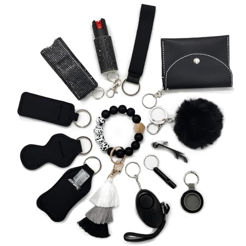 BATUMEYE Gift Keychain Set for Woman with Card Holder, Wristlet Strap, Whistle, Travel Bottle Holder, Bottle Opener(Black)