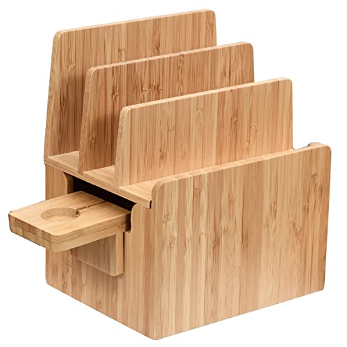 MobileVision Bamboo Charging Station & Compatible Apple Watch Adapter Combo Multi Device Organizer for Apple Watch, Smartphones, Tablets, Laptops, and More