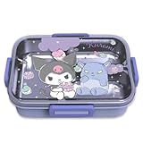 Roffatide Cartoon Cute Kuromi Printed All-in-One Bento Boxes with Spoon Fork Kawaii 4-Point Lock Type Lunch Box Containers for Food Fruit Snack