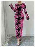 MakeMeChic Women's Leopard Print Sweater Dress Bell Sleeve Lace Up Bodycon Maxi Dresses Hot Pink Medium