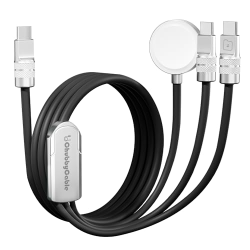 chubbycable Tri-Flex 3 in 1 USB C Cable for Apple Watch Charger Silicone 100W Multi Charging Cable Fast Charge Compatible with iPhone 16/15 Series iWatch iPad Airpods Galaxy Series, 4.1FT, Black