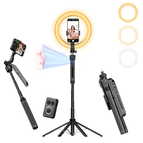 Auto Face Tracking Self Stick Tripod for iPhone with 10" Ring Light Hands-Free 360°Adjustable 70.9 Inch Smart Phone Stand with Wireless Remote for Content Creator Vlog Video Recording