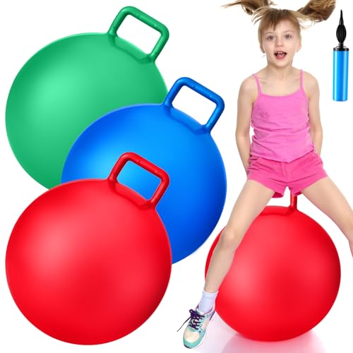 Lewtemi 3 Pcs 22 Inch Bouncing Ball with Handle, Outdoors Hopper Jumping Hopping Ball and Air Pump for Sports School Games Exercise (Red, Blue, Green)