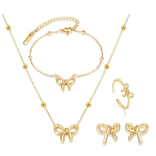 Bow Necklace Earrings Bracelet Set Bow Jewelry Set for Women Bowknot Pendant Chain Necklace Ribbon Stud Earrings Coquette Stuff Accessories Christmas Gifts