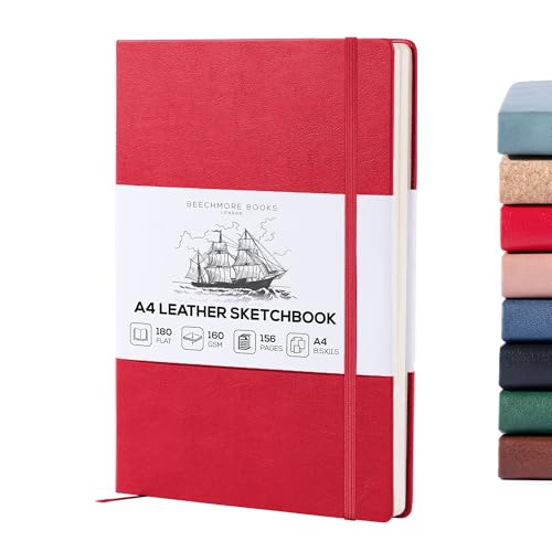 BEECHMORE BOOKS Sketch Book, A4 8.5 x 11.5 inch Blank Sketchbook for Drawing, Paint and Draw, 156 Pages Thick Paper 160gsm, Hardcover Leather Art Notebook, Boxed for Gifts (Scarlet Red)