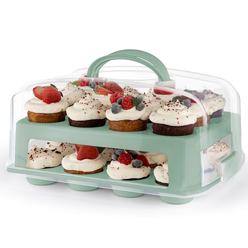 Cupcake Carrier 24 Count - Sturdy Cupcake Holder with Lid & 2 Handles, Stylish Two-Tier Cupcake Carrier/Stand, Spacious 3.5” Top & Bottom Tray