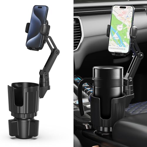 Phone Holders for Your Car, 2 in 1 Universal Cup Holder Expander Adjustable Base with Phone Mount, Long Arm with 360°Rotation Cup Holder Phones Mount for Car Compatible with All Smartphones