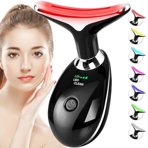 SDKWDH Red-Light-Therapy-for-Face-and-Neck, 7 Color Face Massager Tool for Wrinkles, Double Chin, Vibrating Facial Massager with Thermals for Skin Care, Glossy Black