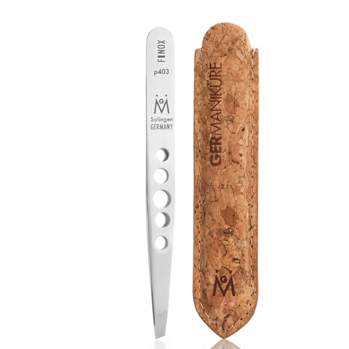 GERMANIKURE Professional Perforated Slanted Tweezers - FINOX Stainless Steel Sharp Tweezers in Cork Case - Easy to Use, Ethically Made in Solingen Germany
