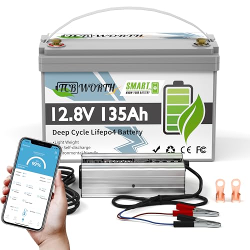 TCBWORTH LiFePO4 Battery 12.8V 135A, Deep Cycle Lithium Battery Group 31 with 20A charger, 100A Smart BMS with Low-Temp Protection, for RV, Solar System, Trolling Motors