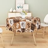 DORCEV Coffee Beans Round Tablecloths Coffee Cup Cartoon Sketch Retro Brown Plaid Printed Tablecloth Waterproof Spill Proof Fabric Table Cloth Cover for Coffee Shop Dining Room Kitchen Decor,60 Inch