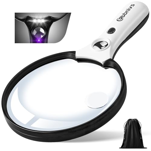 Large Magnifying Glass with Light, Magnifier 10X 20X 45X Handheld Illuminated Lighted Magnifier with 3 LED Lights 1UV Light Storage Bag Clean Cloth for Seniors Reading Inspection (Black)