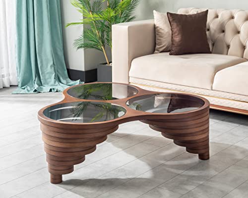 by Papella Design, Natural Walnut Veener Coffee Tables for Living Room, Rustic Table, Mesa De Centro para Sala, Center Table, Glass Table top, Walnut Color (Life, Life)