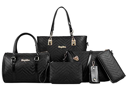 Women Handbags 6 Pcs Set PU Top Handle Purse Splicing Shoulder Crossbody Bag Tote Satchels Clutch Card Holder Black