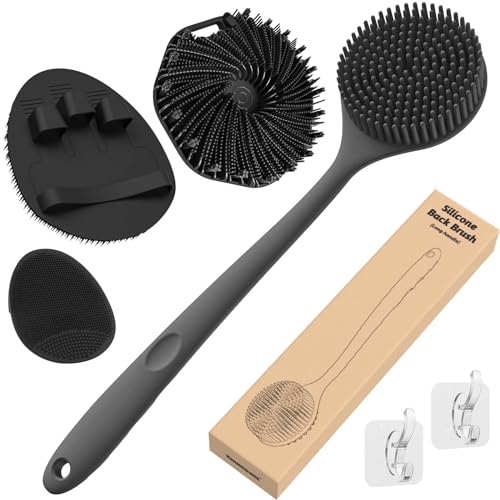 Manmihealth Silicone Back Scrubber & Soft Bath Glove Set 4 PCS(Thick Bristles), Super-Exfoliating Body Scrubber & Super-Lathering Shower Brush Combination, with 2 Free Hooks (Black)