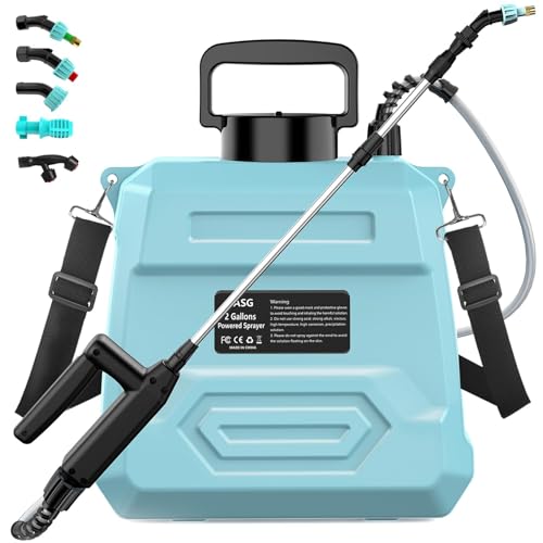 Battery Powered Garden Sprayer 2 Gallon, 7.4V Powerful Electric Backpack Sprayer, Weed Yard Lawn Sprayer with 5 Mist Nozzles & Retractable Wand & Adjustable Strap for Lawn, Garden, Yard