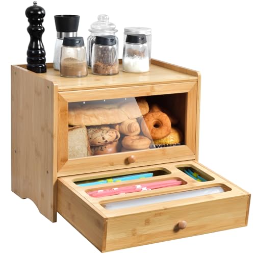 Bread Box for Kitchen Countertop,Bamboo Bread Box,Corner Bread box with Plastic Bag Organizer,Kitchen Countertop Food Storage Box with 2-Tier Storage,Farmhouse BreadBox with Window for Kitchen Counter