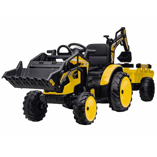 Hetoy 3 in 1 Ride on Tractor, Excavator & Bulldozer, 24V Electric Vehicle w/Trailer, Shovel Bucket, Digger, Remote Control, EVA Tire, LED Light, Music, USB & Bluetooth, Kids Ride on Car, Orange