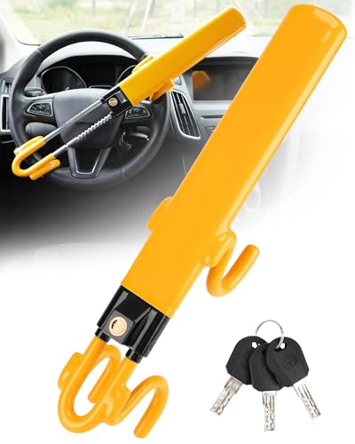 Tevlaphee Steering Wheel Lock - Heavy Duty Antitheft Device and Car Security Lock with Adjustable Locking and 3 Keys - Great Vehicle and Truck Deterrent (Yellow)