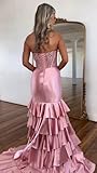 Mollyevers Satin Prom Dresses for Women Mermaid Red Strapless Corset Tiered Formal Gown with Slit Size 8