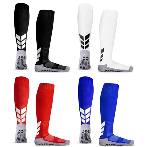 MENDENG Mens Grip Socks Soccer Grippy Socks for Men Non Slip Soccer Football Basketball Socks for Sports Grip Pads BlackWhiteBlueRed