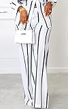 Remelon Women's Casual Two Piece Outfits Striped Long Sleeve Collar Button Down Shirt Blouse High Waist Wide Leg Pants Sets White L